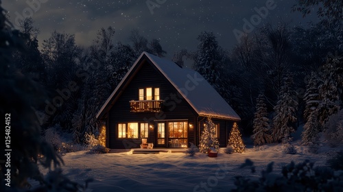 Cozy Cabin in a Winter Wonderland: A charming cabin nestled amidst snow-covered evergreens, its windows glowing with warm light, creating a scene of serenity and peace. photo