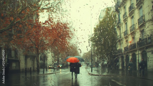 Wallpaper Mural Rainy city street viewed through a window, people walking with umbrellas, blurred background, muted colors, urban scene, raindrops on glass, autumnal Torontodigital.ca