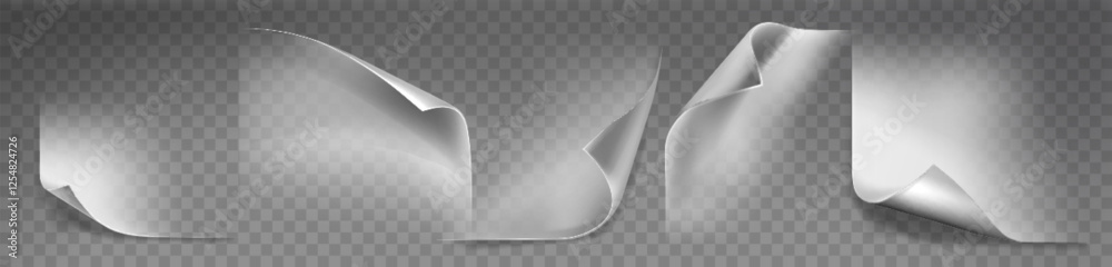 Paper corner fold set on transparent backdrop - curled white sheet edges with realistic shadow effects and various bending angles. Flexible material for document, page curl, or sticker design.