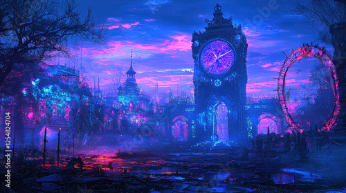 A vibrant, surreal landscape featuring a grand clock tower illuminated by neon lights at twilight