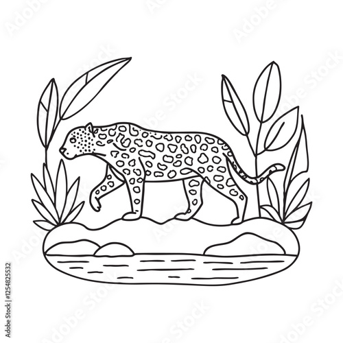 A jaguar stealthily moving through dense jungle foliage near river