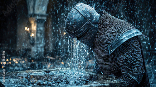 A knight in armor kneeling under rain in a dimly lit medieval setting, reflecting on a battle