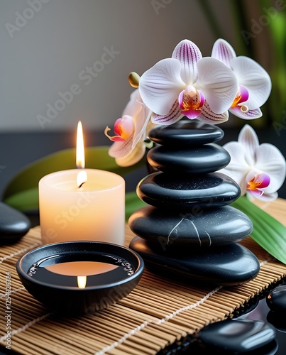 Zen spa relaxation scene with black stones, pink orchids, and a lit candle, creating a tranquil and soothing ambiance for wellness, meditation, and stress relief

