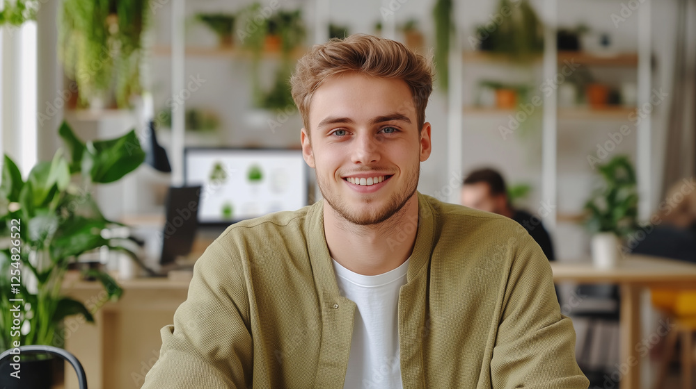 Obraz premium Ambitious Young Entrepreneur Pitching Vertical Farming Business Plan in Co-Working Space with Digital Presentation, Collaborative Environment