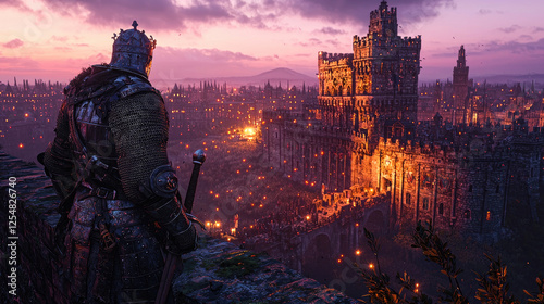 A lone warrior gazes over a medieval city at dusk, with glowing lights and mountains in the background