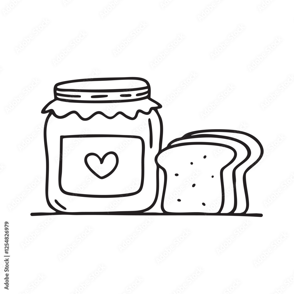 A jar of jam sitting on a kitchen counter next to a slice of toasted bread