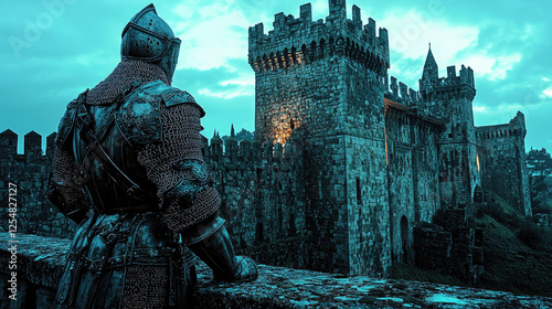 A lone knight in armor gazes at a majestic medieval castle under a twilight sky