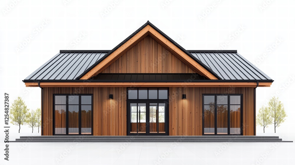 Modern Wood Exterior House Design: Architectural rendering of a contemporary house with a sleek wooden facade, dark metal roof, and expansive glass windows. Modern Wood Exterior House Design: Architectural rendering of a contemporary house with a sleek wooden facade, dark metal roof, and expansive glass windows.