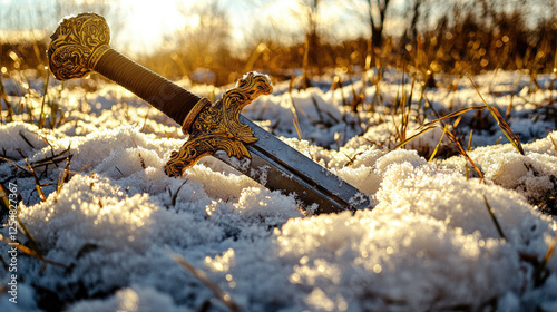 A decorative sword partially buried in snow, illuminated by a sunset, surrounded by winter grass