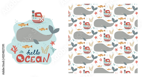 Funny baby pattern with sperm whale and steamship, children s print. Seamless background with sea animals, cute vector texture for baby bedding, fabric, wallpaper, wrapping paper, textile, t-shirt