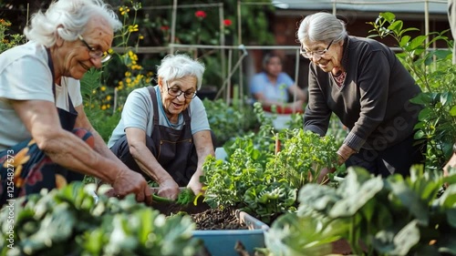 Wallpaper Mural Gardening Grandmas: Three smiling elderly women, tending to their vibrant garden, showcasing the joy and companionship of community gardening.   Torontodigital.ca