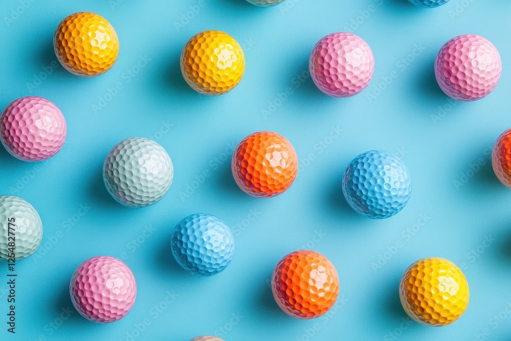 Colorful golf balls arranged on blue background. Perfect for sports, recreation, or summer themes. Colorful golf balls arranged on blue background. Perfect for sports, recreation, or summer themes.