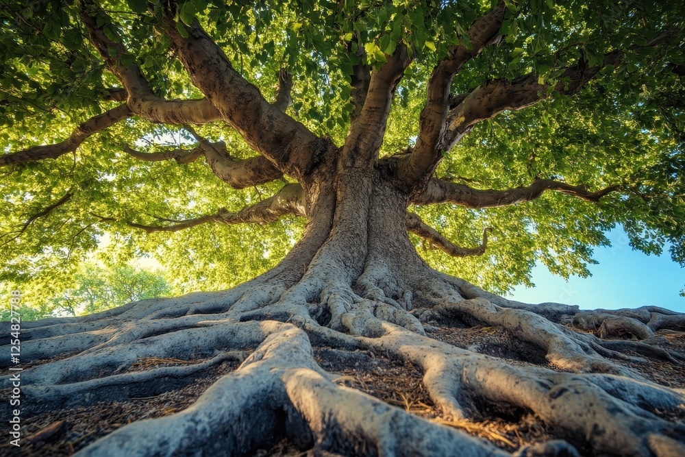 Obraz premium Majestic ancient tree with sprawling roots and lush green canopy. Illustrates strength, longevity, and connection to nature.