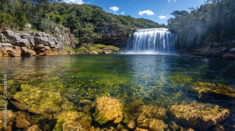 Fototapeta premium Waterfall cascading into crystal-clear pool, lush greenery backdrop, sunny day; nature tourism