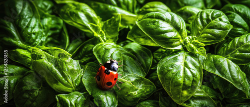 A vibrant red ladybug resting on lush green basil leaves in a garden setting, showcasing nature's beauty