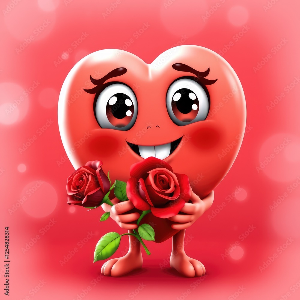 Fototapeta premium Love hearts background, Valentine's Day background, Cute Smiling Heart Holding a Rose, Valentine's Day Concept