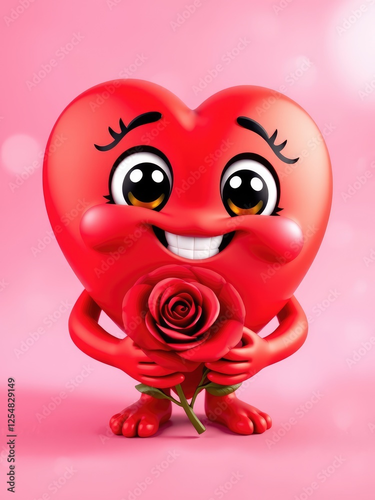 Fototapeta premium Love hearts background, Valentine's Day background, Cute Smiling Heart Holding a Rose, Valentine's Day Concept
