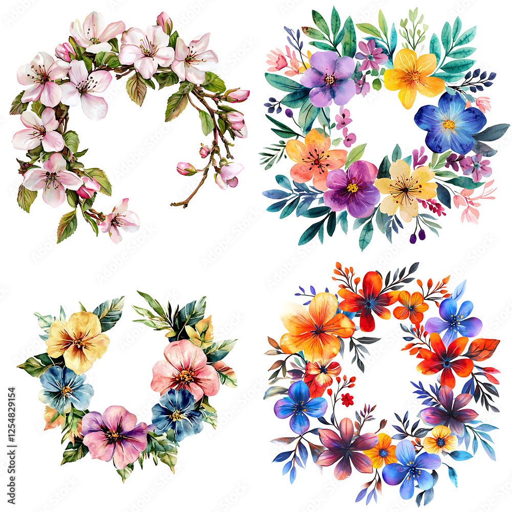 Obraz premium Watercolor floral wreaths botanical art nature studio vibrant colors translate background