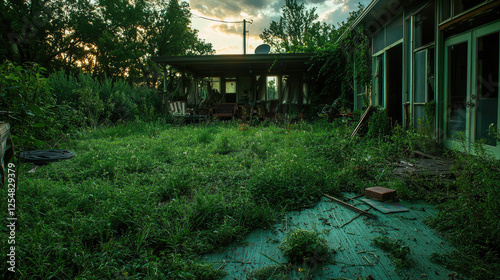 Overgrown garden surrounding a dilapidated building at sunset, evoking a sense of abandonment