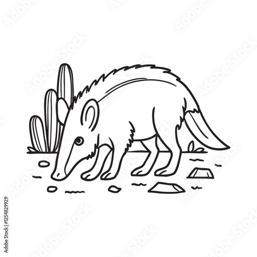 A javelina sniffing the ground in a desert landscape near a scattered pile of desert debris