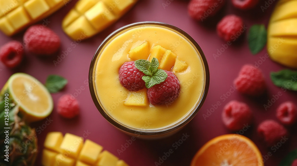 Fresh fruits arranged in a colorful flat lay for a smoothie preparation Fresh fruits arranged in a colorful flat lay for a smoothie preparation