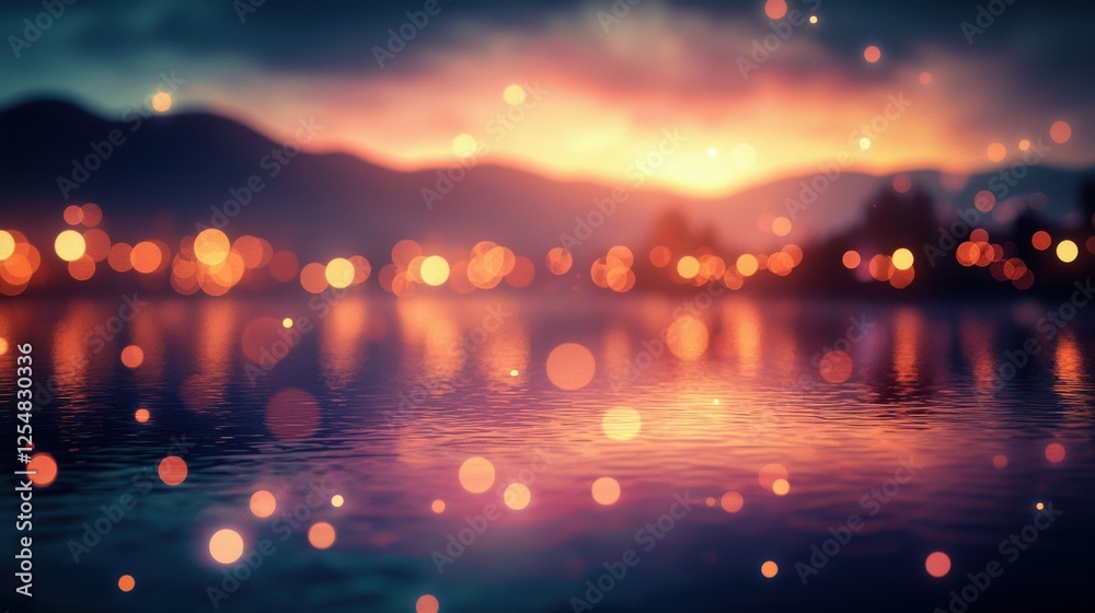 Naklejka premium Cityscape Sunset Reflections - Blurry City Lights on Water