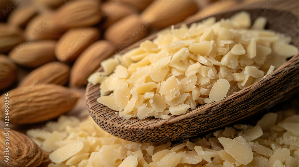 Almond Flakes and Whole Almonds in a Wooden Spoon