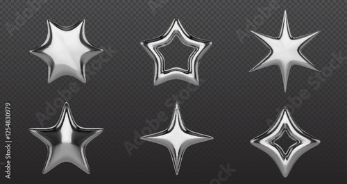 Y2k chrome stars set isolated on transparent background. Vector realistic illustration of abstract 3d silver elements, liquid mercury bubbles, shiny steel geometric figures, retro futuristic aesthetic