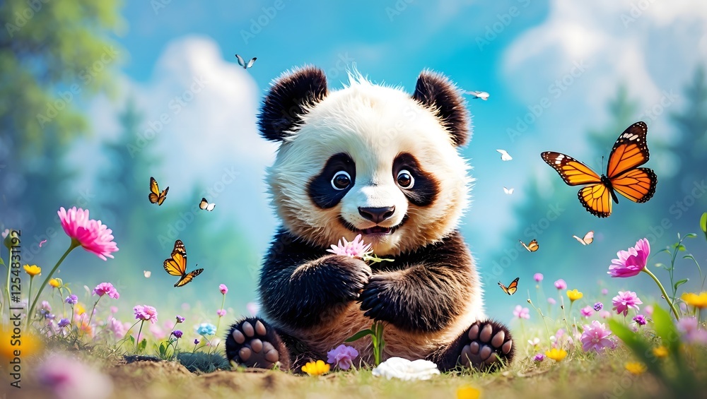 Fototapeta premium Panda in Wildflower Meadow: A charming, cartoon-style baby panda sits amidst a vibrant meadow of wildflowers, surrounded by fluttering butterflies.