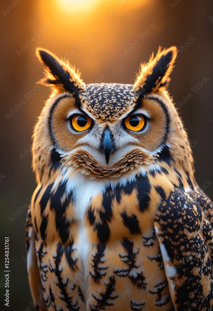 Owl staring at the camera, a large owl found throughout North and South America, with hornlike ear tufts,golden ray of sunset light Owl staring at the camera, a large owl found throughout North and South America, with hornlike ear tufts,golden ray of sunset light