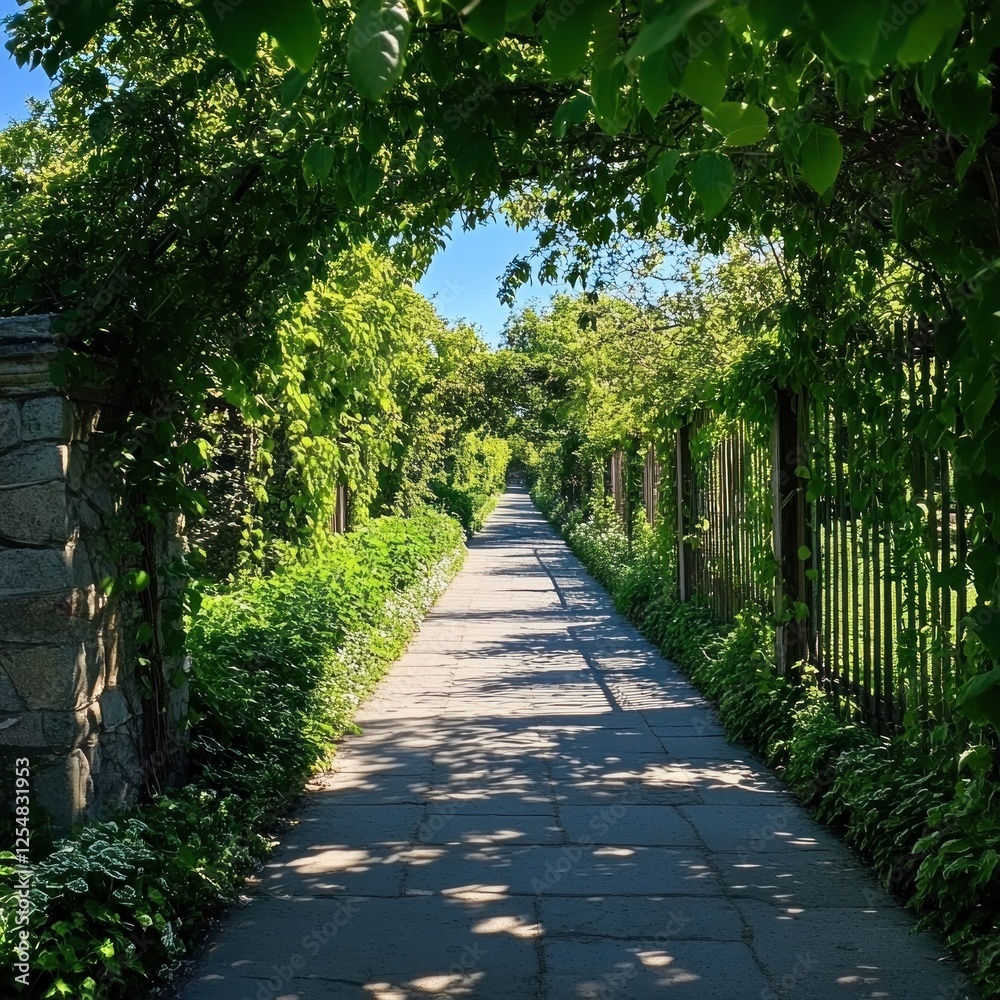 Sunlit garden path, leafy archway, tranquil scene, peaceful walk, nature escape Sunlit garden path, leafy archway, tranquil scene, peaceful walk, nature escape