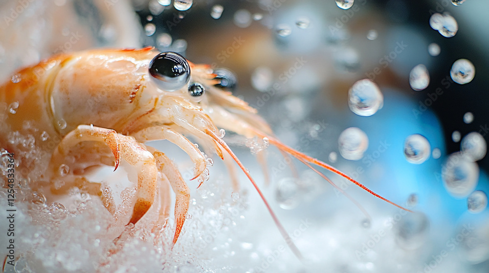 Close-up of fresh shrimp with water droplets in a market setting Close-up of fresh shrimp with water droplets in a market setting