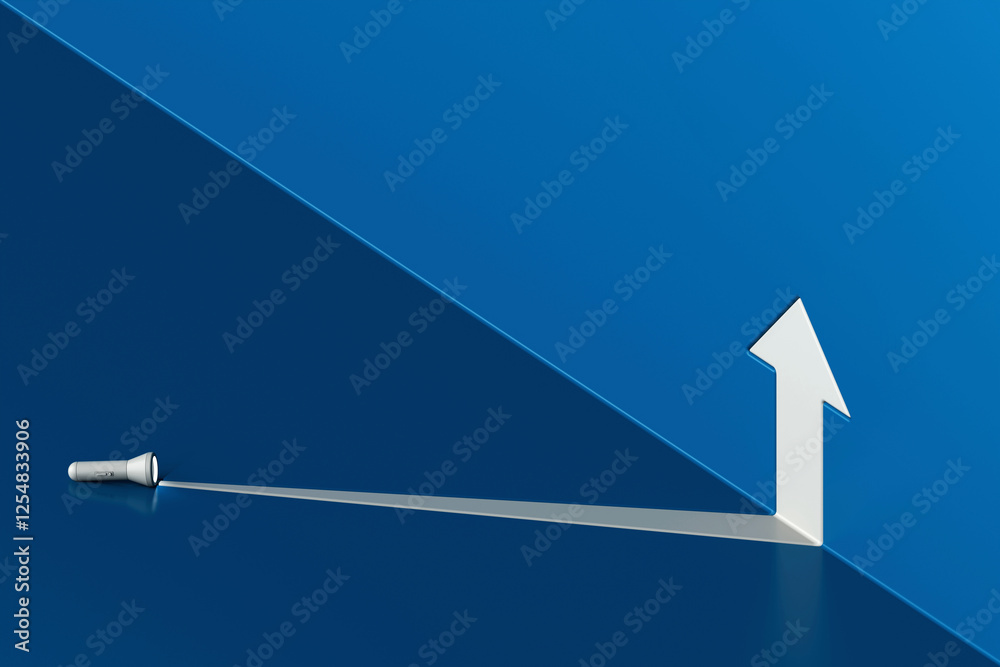 Minimal concept showing flashlight projects beam forming upward arrow, symbolizing vision, emphasizing direction, guidance, leadership, strategic thinking, and goal achievement, 3d rendering