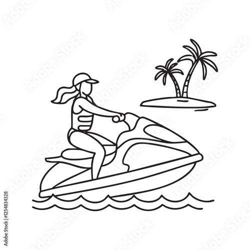 A person riding a jetski near island in the background