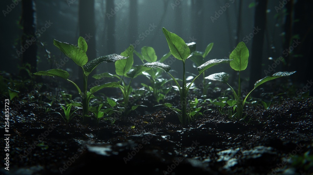 Naklejka premium Lush Green Plants Emerging in Misty Forest Under Soft Sunlight with Dewdrops on Leaves