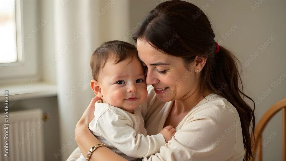 Tender happy mother hugging her newborn baby. Family, parenting baby single mother love concept. Tender happy mother hugging her newborn baby. Family, parenting baby single mother love concept.