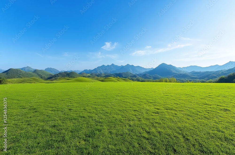 Expansive Green Meadow Under a Clear Blue Sky Surrounded by Rolling Mountains Evoking Peace and Serenity Expansive Green Meadow Under a Clear Blue Sky Surrounded by Rolling Mountains Evoking Peace and Serenity