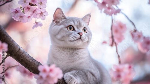 Cat sitting in cherry blossom tree, spring garden