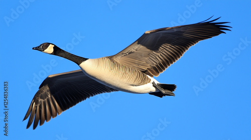 Canada goose in mid-flight against clear blue sky, showcasing detailed wingspan and sharp focus on feathers. photo