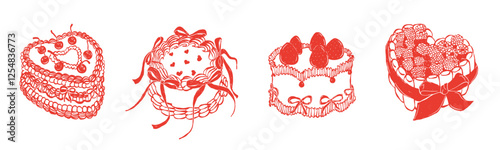 Ink sketch hand drawn minimal line art illustrations of heart-shaped cakes decorated with ribbons, cherries, and strawberries, featuring delicate bows, perfect for love, celebration, and dessert-theme