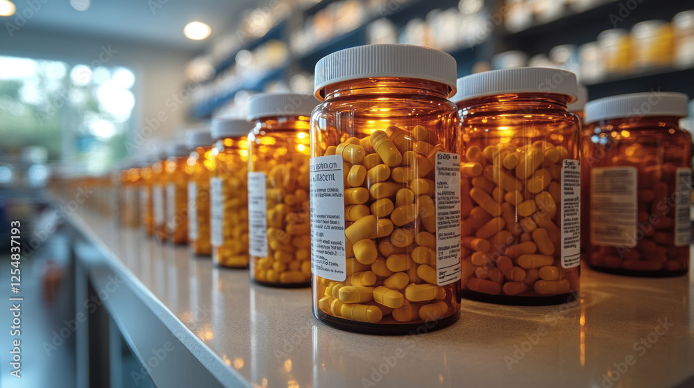 Medicine bottles and pills arranged neatly on a pharmacy counter with soft lighting Medicine bottles and pills arranged neatly on a pharmacy counter with soft lighting