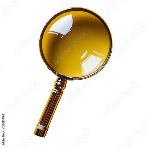 Golden Magnifying Glass on Transparent Background: A magnifying glass, a tool for enlarging objects, is shown against a black backdrop, showcasing its intricate details and polished gold finish.