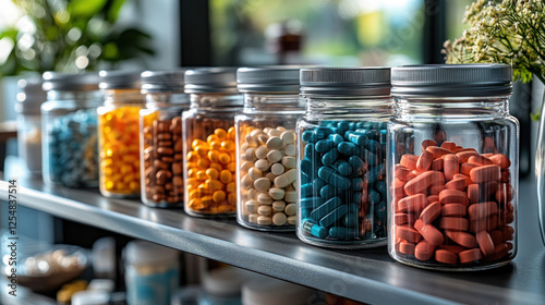 Medicine tray organized with different pill bottles and measuring spoons photo