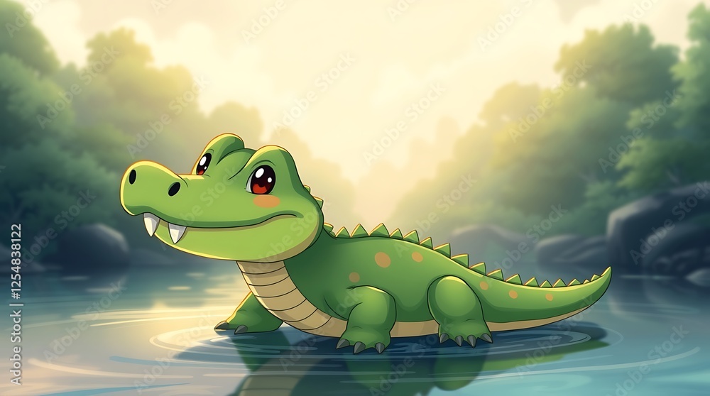 Naklejka premium Adorable Cartoon Crocodile in a River Forest