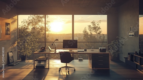 Warm Sunlight Bathes a Modern Office Workspace