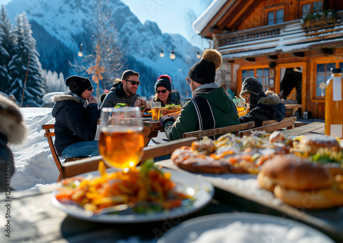winter sports and ski hut with food and drinks, winter vacation, fun, apres ski