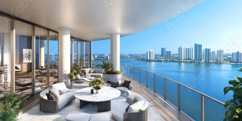 Luxury Penthouse Balcony Overlooking Miami Skyline: Breathtaking Bay Views and Modern Outdoor Oasis