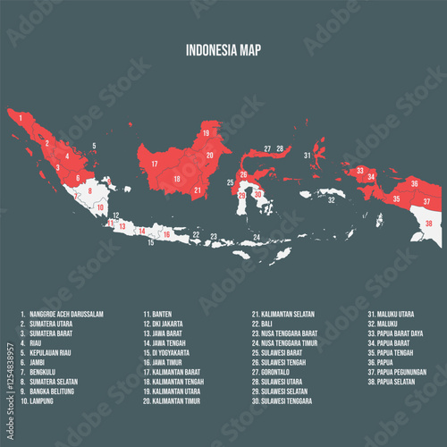 Indonesia Map with 38 Provinces - Vector Format photo