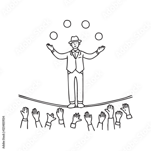 A male performer juggling balls while balancing on a tightrope, high above a cheering crowd