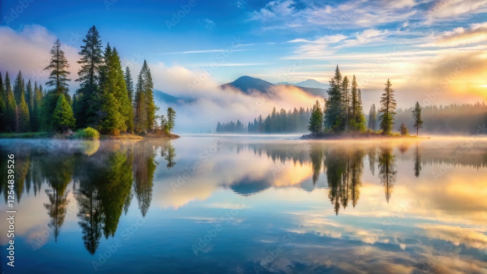 Serene mountain lake at dawn with misty fog and trees reflected in the calm water, nature, serene, nature, serene Serene mountain lake at dawn with misty fog and trees reflected in the calm water, nature, serene, nature, serene